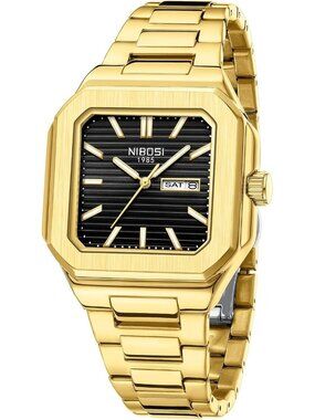 Nibosi Men's Gold Black Analog Quartz Stainless Steel Waterproof Square Watch